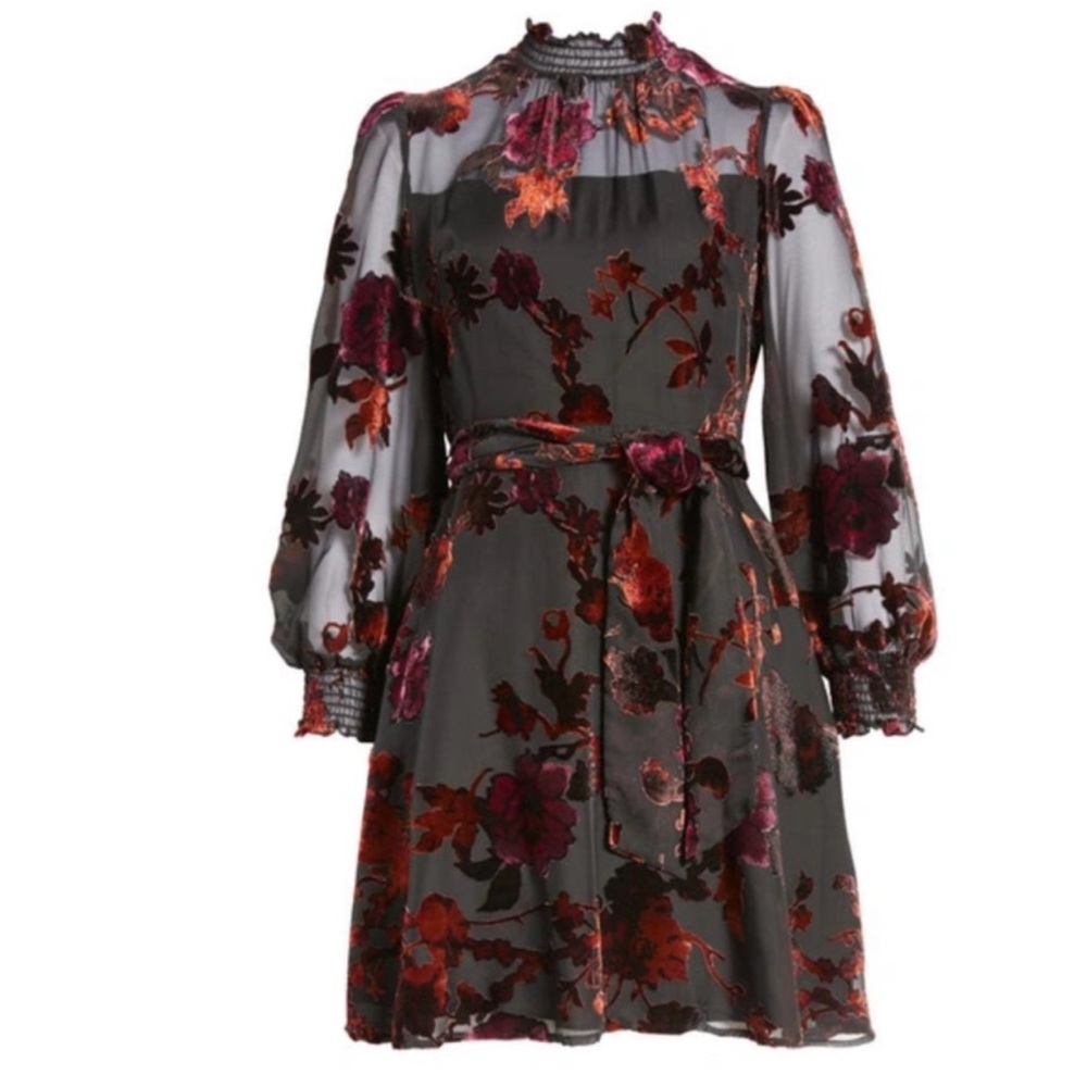 ELIZA J: Smocked Trim Long Sleeve Velvet Burnout Dress In Black (NWT)